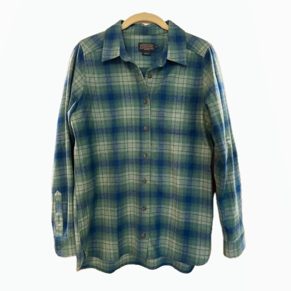 Pendleton Meredith Green and Blue Plaid Wool Flannel Shirt